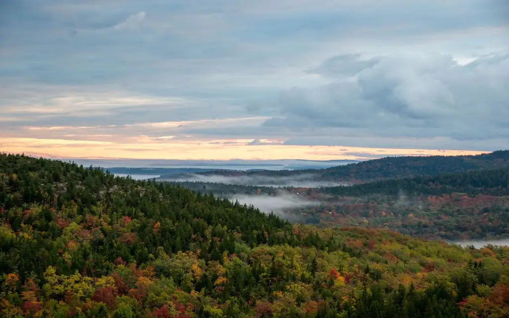 Stunning view over Acadia National Park's autumn foliage with misty sunrise