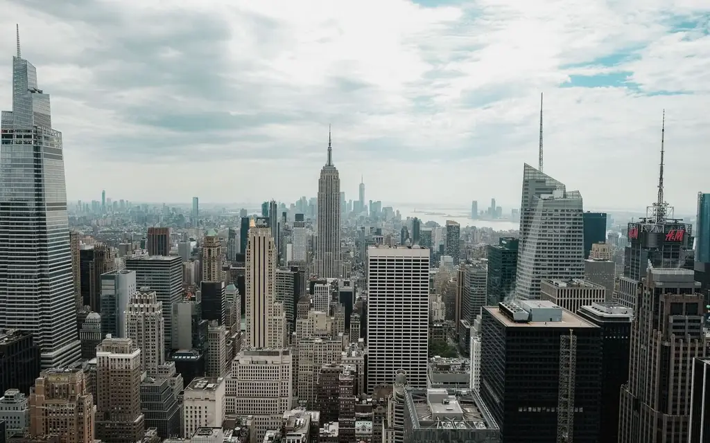 Aerial view of New York City's iconic skyline with prominent skyscrapers