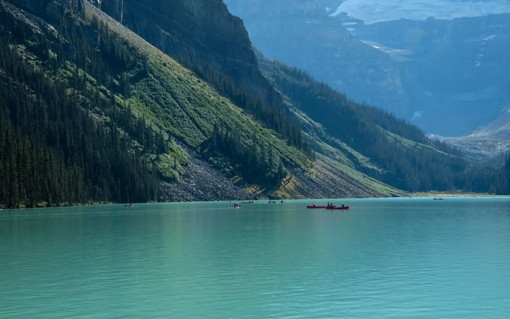 Canoes on the turquoise waters of Lake Louise surrounded by lush mountains in summer