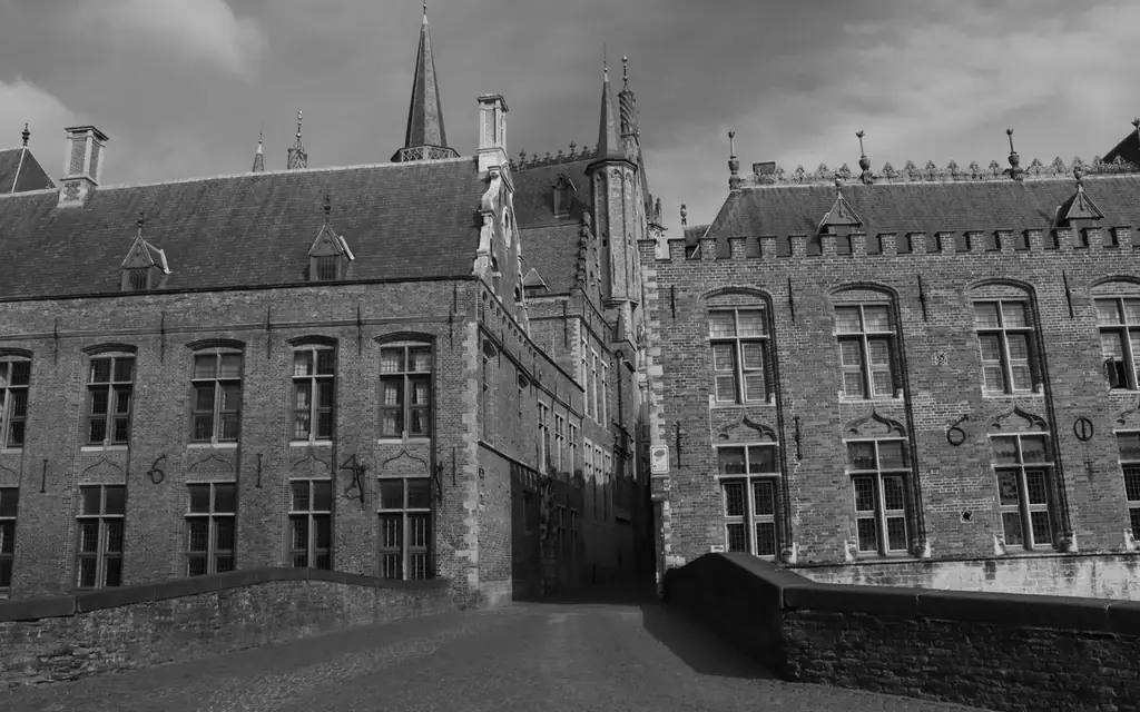 Explore the Gothic charm of Bruges with this black and white photograph of medieval architecture