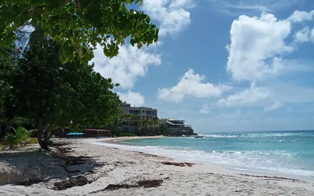 Idyllic beach scene in Bridgetown, Barbados with clear skies and turquoise sea