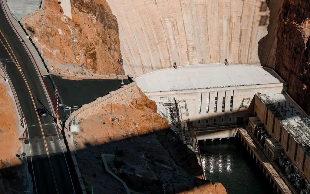 Stunning aerial perspective of the iconic Hoover Dam located on the border of Arizona and Nevada