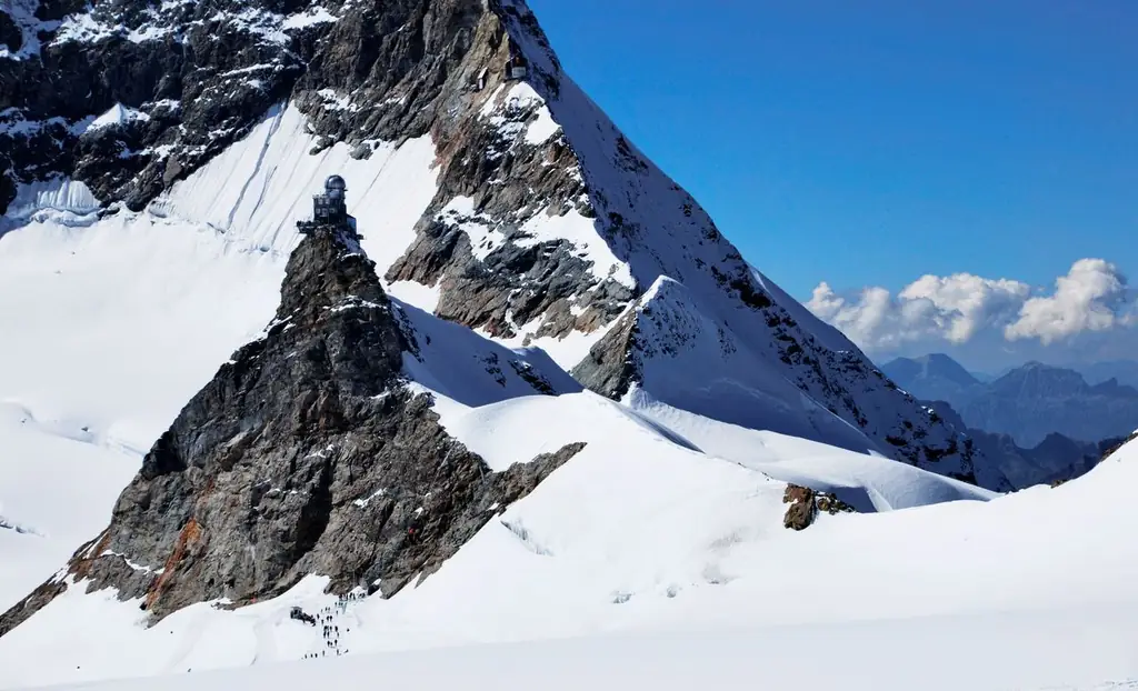 Breathtaking view of snow-covered Jungfraujoch, Switzerland under a clear blue sky