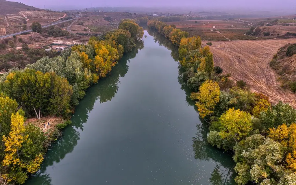 Aerial view of a serene river flowing through autumn foliage in La Rioja, Spain