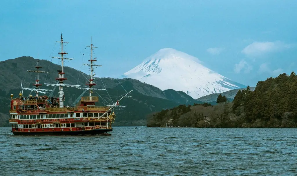 Pirate ship cruising on Lake Ashi with Mount Fuji in the background, surrounded by lush hills