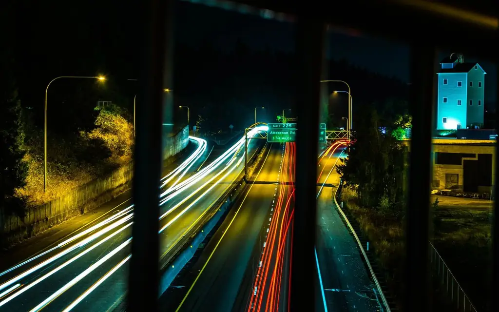 Nighttime long exposure of light trails on a highway in Mount Vernon, WA, USA