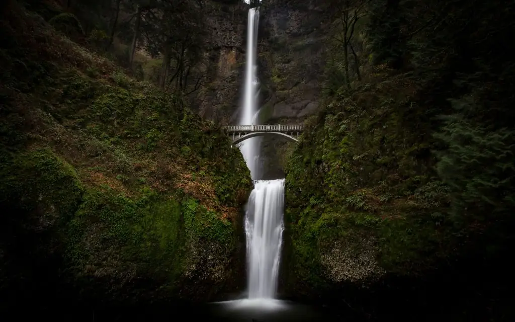 Dramatic waterfall with lush greenery at Multnomah Falls, Oregon