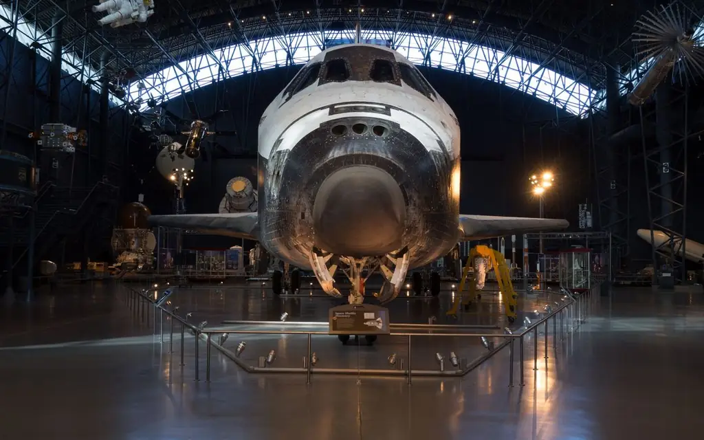 Front view of a space shuttle housed in the Smithsonian National Air and Space Museum, Washington DC
