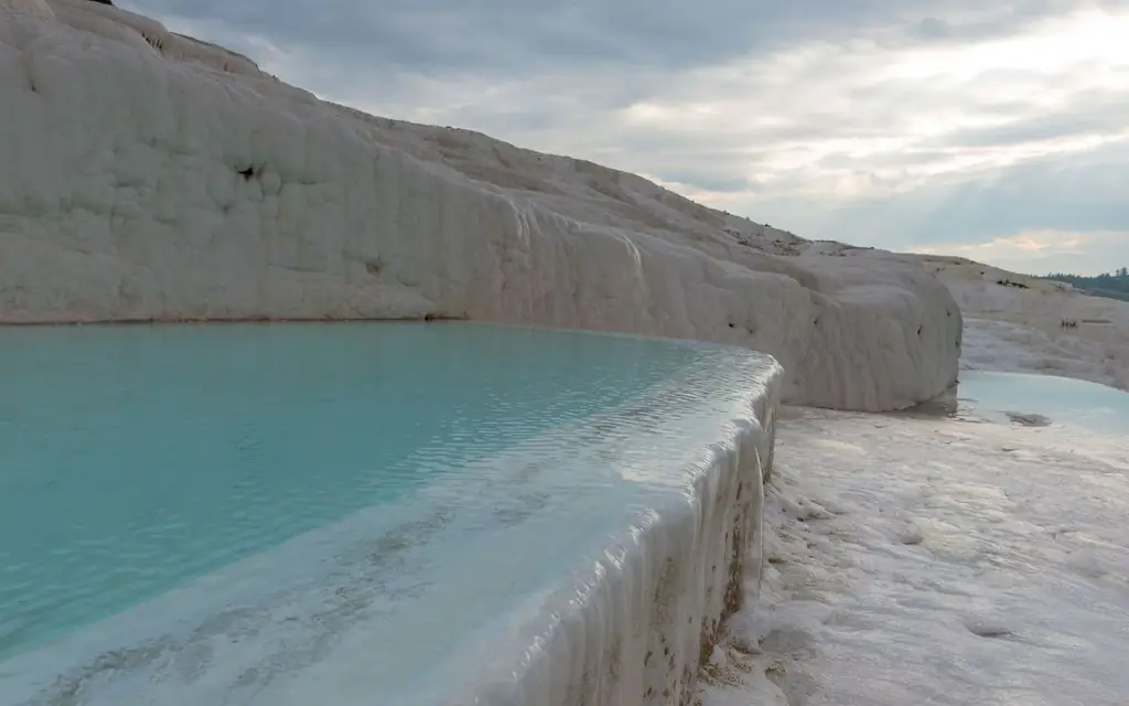 Scenic view of Pamukkale's iconic thermal terraces with turquoise waters in Turkey