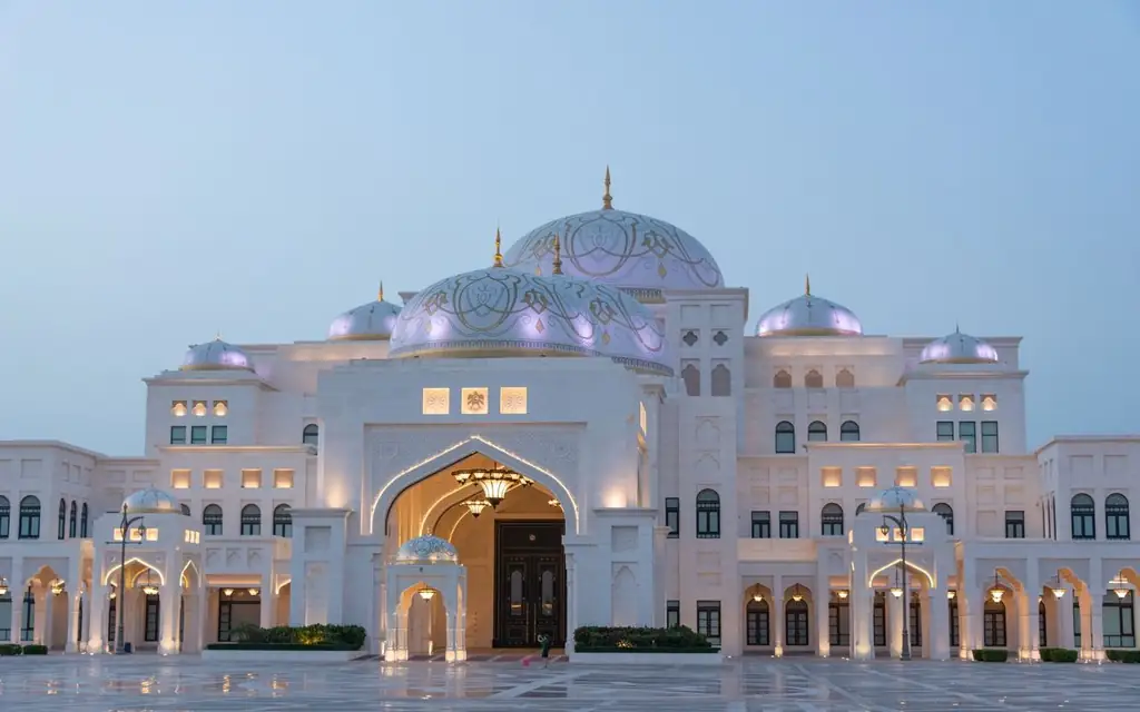 Majestic view of Qasr Al Watan palace at dusk in Abu Dhabi, UAE