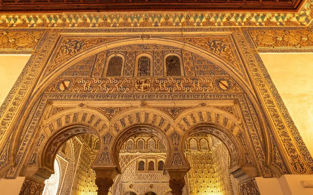 Detailed view of the stunning Moorish architecture in the Alcazar of Seville, Spain