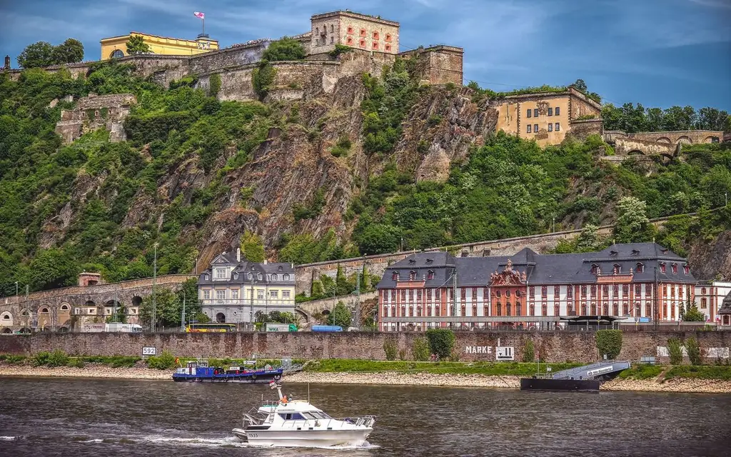 Historic Ehrenbreitstein Fortress above the scenic Rhine River in Germany