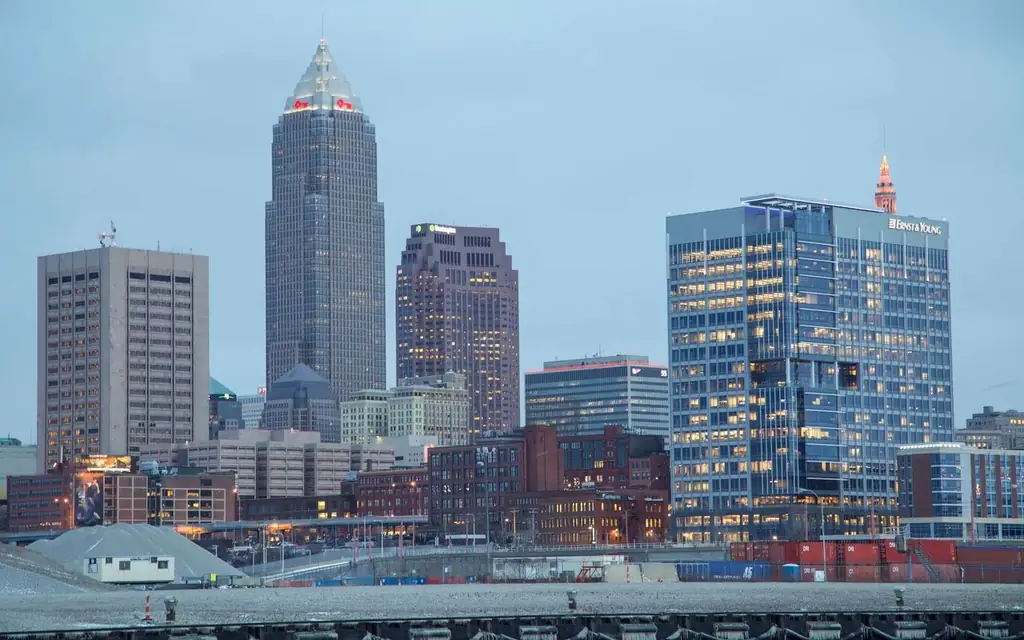 Captivating view of Cleveland's downtown skyline showcasing modern architecture and illuminated buildings