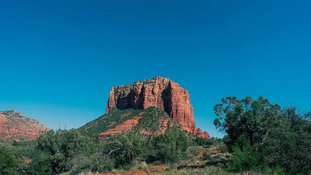 Vibrant landscape of Bell Rock under a clear blue sky in Sedona, Arizona