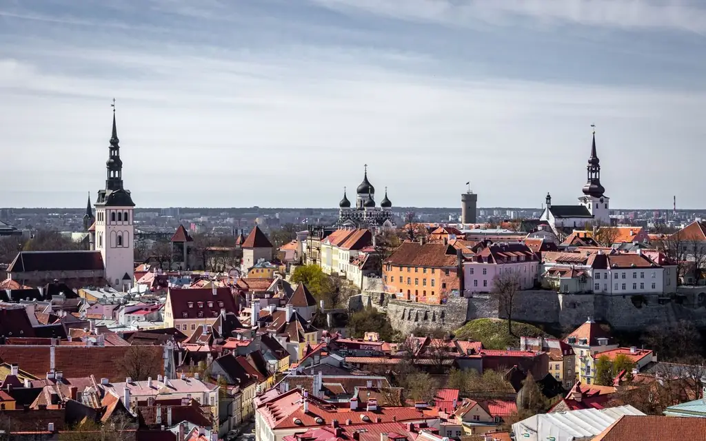 Scenic aerial view of Tallinn's old town with historic towers and rooftops