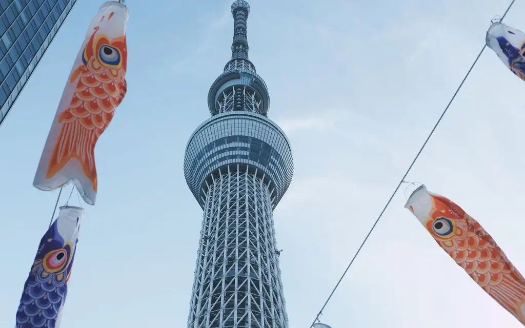 Colorful carp streamers decorate the Tokyo Skytree, symbolizing Japanese cultural celebration