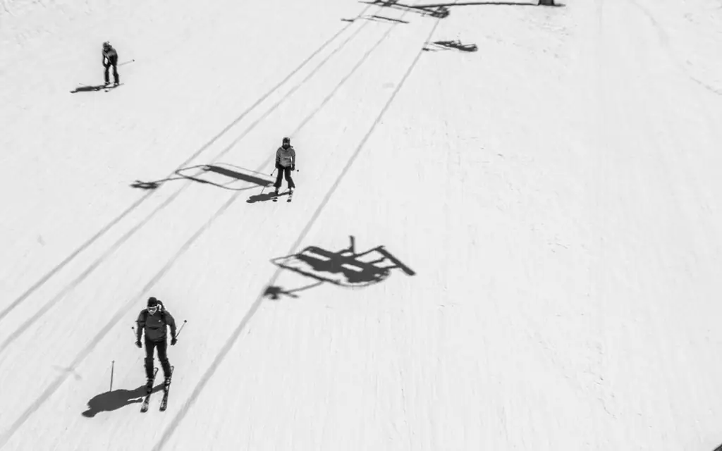 Aerial view of skiers enjoying a winter day on the slopes of Vail, Colorado