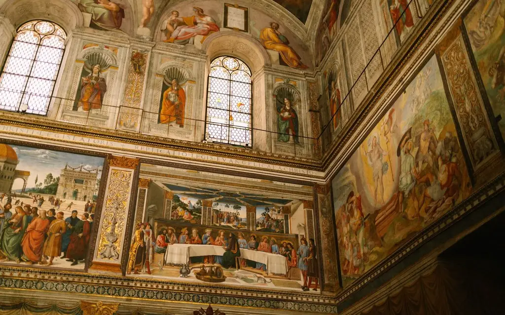 Detailed view of frescoes in the historic Sistine Chapel, Vatican City