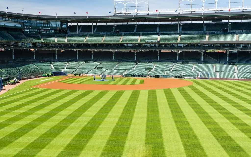 A vibrant view of Wrigley Field baseball stadium in Chicago on a sunny day
