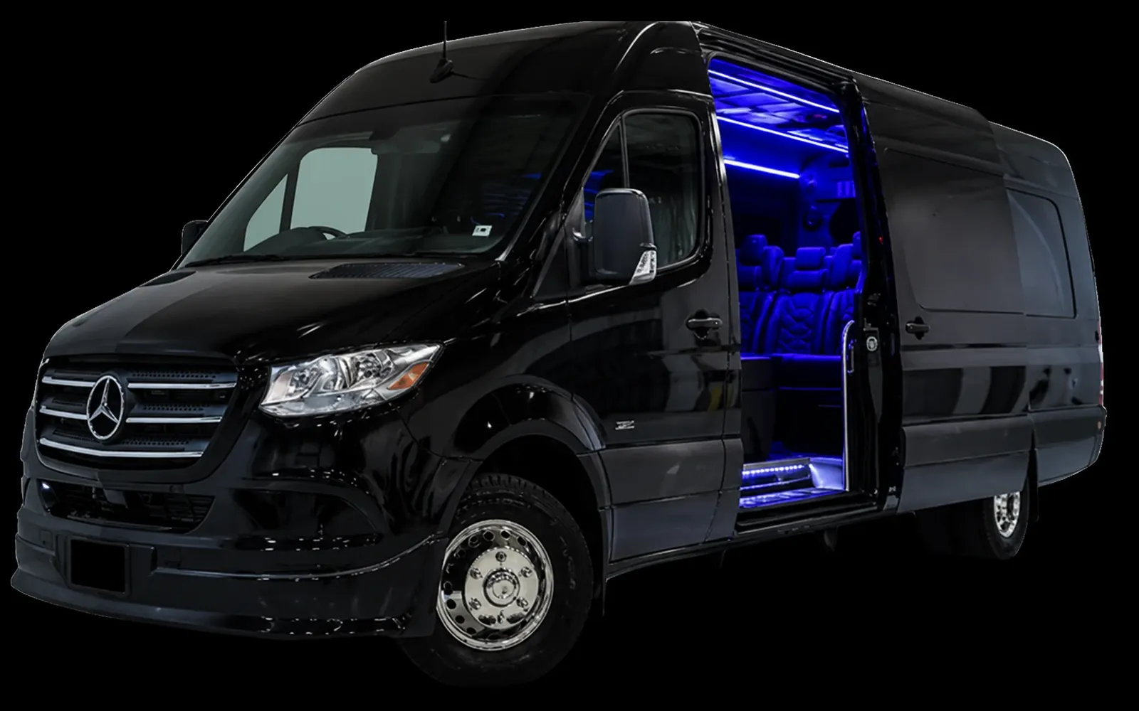 Black Mercedes-Benz Jet Sprinter with the sliding door open and the blue-lit lounge cabin visible
