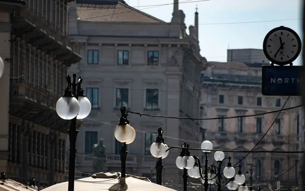 Historic architecture in Milan with decorative lamp posts lining elegant streets