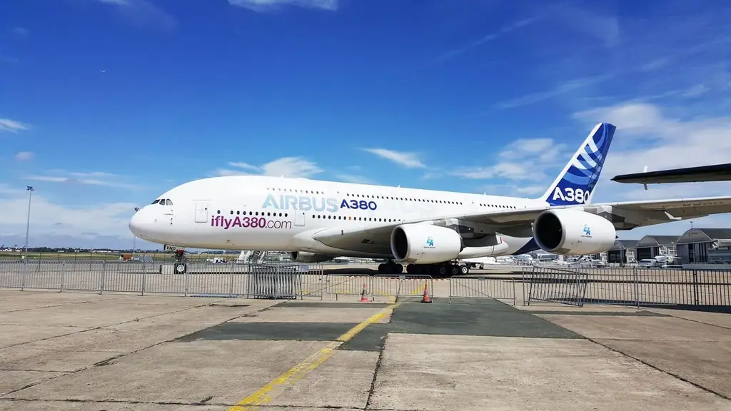 A close-up view of an Airbus A380 parked on the tarmac at a Paris airport