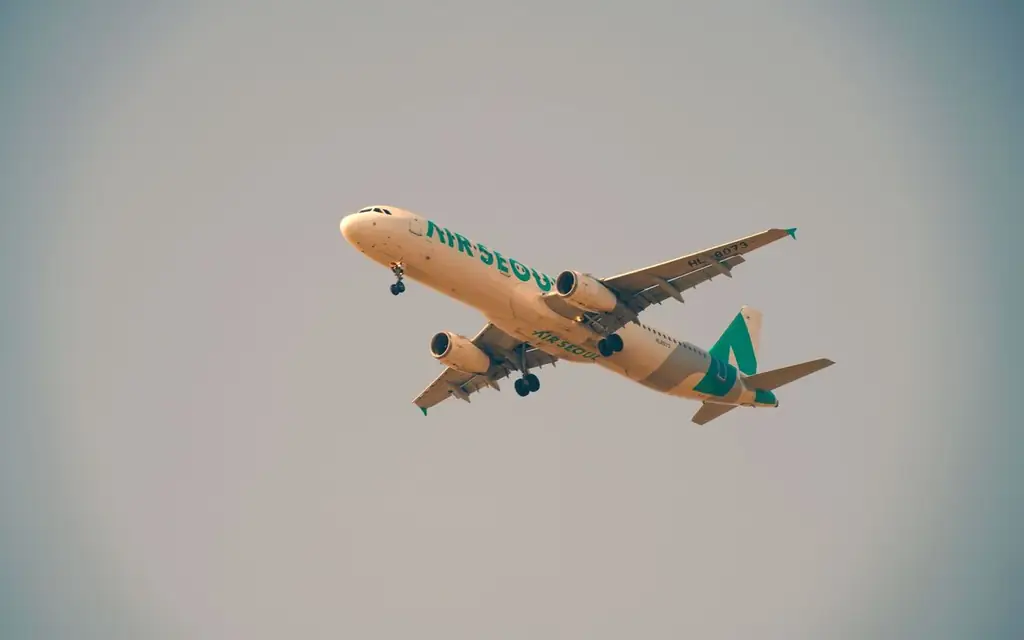 A commercial airplane from Air Seoul flying in clear skies, emphasizing air travel and aviation