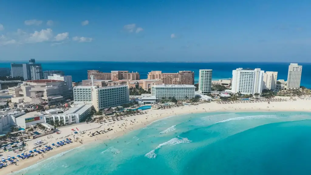 A stunning aerial view of Cancun's beachfront hotels and turquoise waters