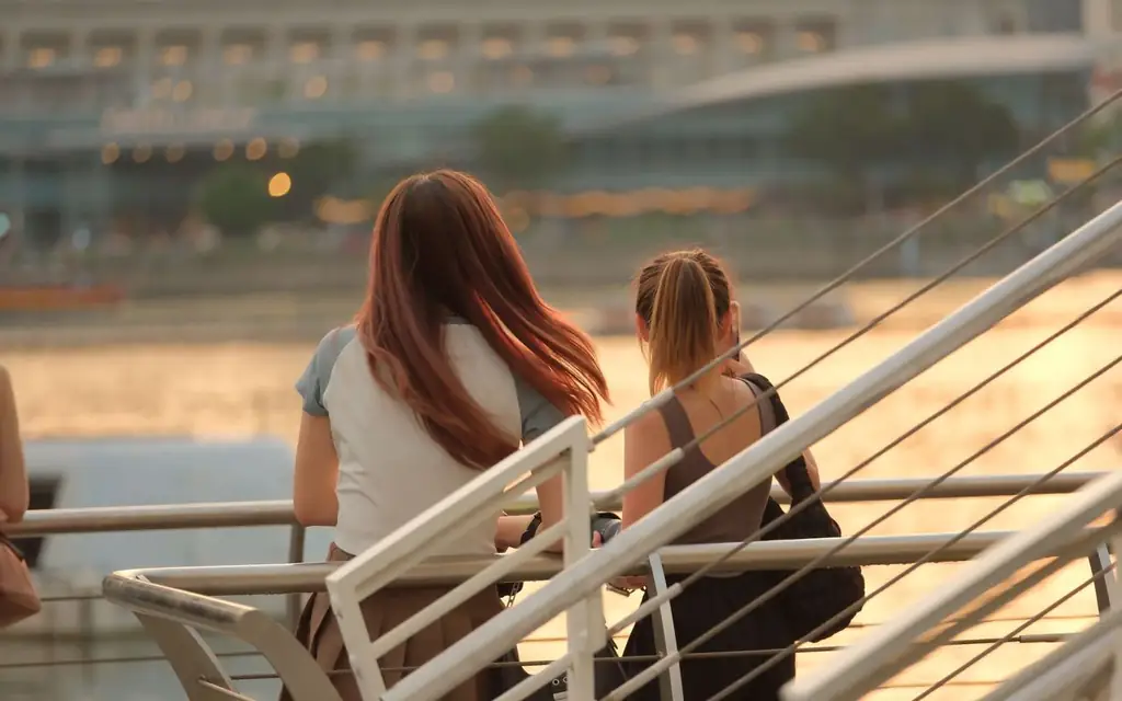 Two women enjoying a serene sunset from a cruise deck in Singapore, overlooking the Marina Bay area