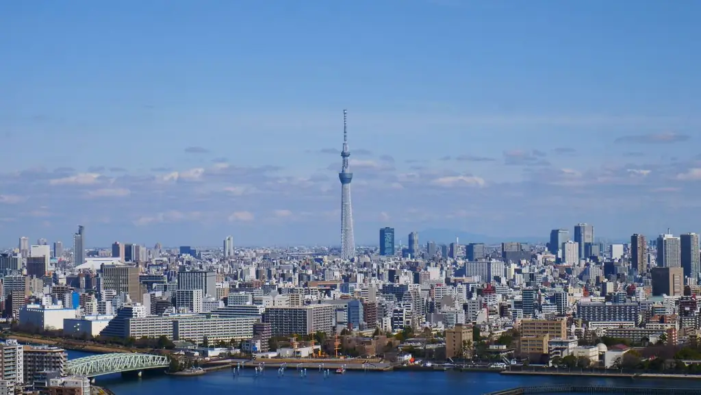 Aerial view of Tokyo skyline, featuring the iconic Tokyo Skytree under a clear blue sky