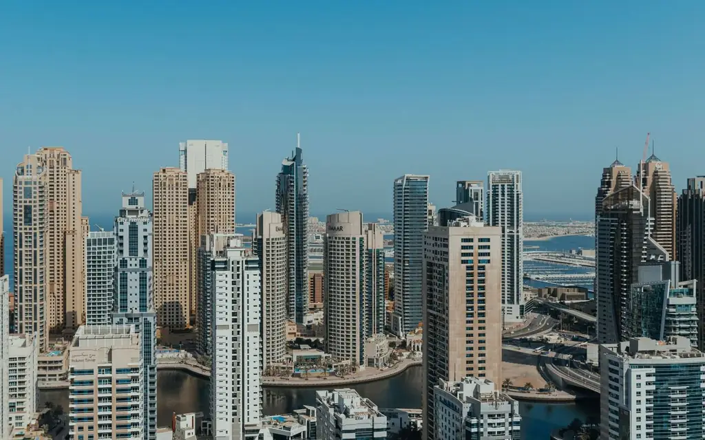A breathtaking view of Dubai's modern skyline featuring towering skyscrapers and futuristic architecture