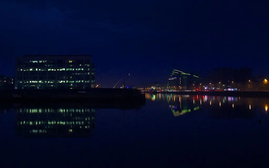 Stunning nighttime view of Dublin's skyline with building reflections in water