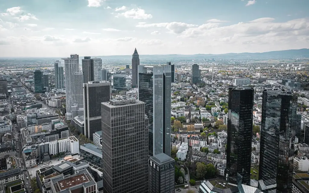 Aerial view of Frankfurt am Main's modern skyline on a clear day