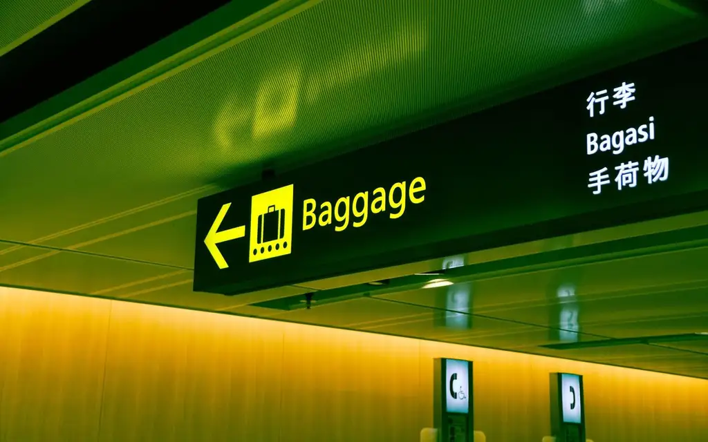 Illuminated airport baggage sign with multilingual translations pointing direction for travelers