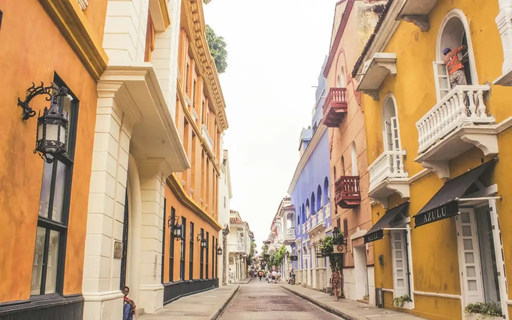 Vibrant colonial architecture on a historic street in Cartagena, Colombia