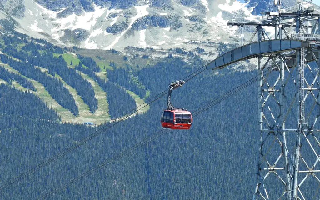 Experience breathtaking views from a cable car in Whistler, amidst stunning mountain scenery