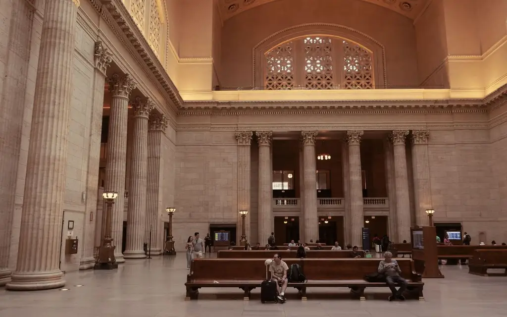 A grand railway station hall